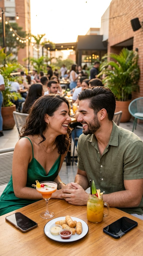 Una pareja disfrutando una cita en la terraza de un local